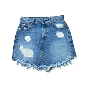 7 For All Mankind Women 24 Blue Distressed Mini Denim Jean Skirt Frayed Raw Hem